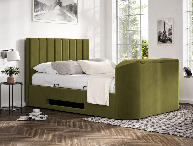 Berkley Upholstered Hugo Olive Ottoman TV Bed - King Size Bed Frame Only