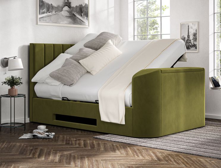 Berkley Upholstered Hugo Olive Ottoman TV Bed - King Size Bed Frame Only