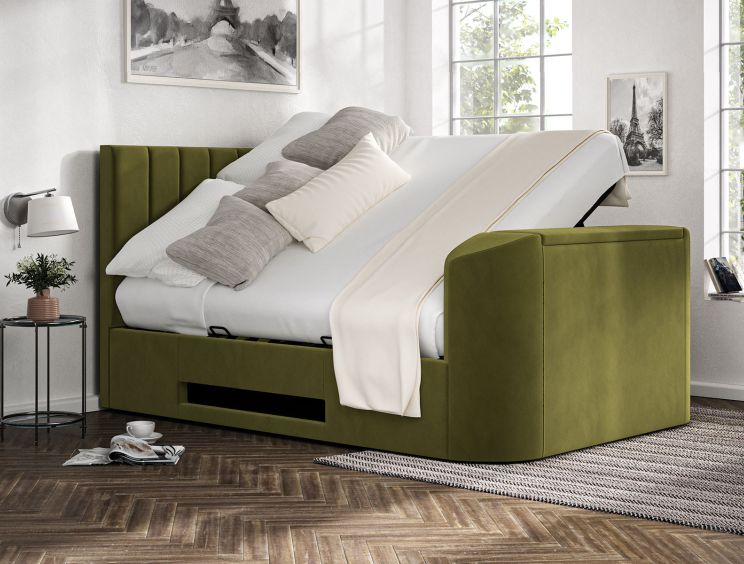 Berkley Upholstered Hugo Olive Ottoman TV Bed - Double Bed Frame Only