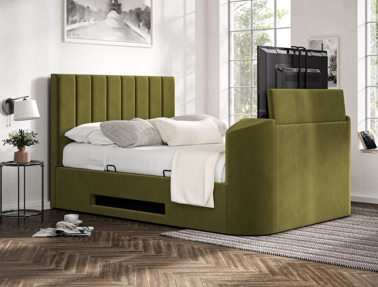 Berkley Upholstered Hugo Olive Ottoman TV Bed - King Size Bed Frame Only