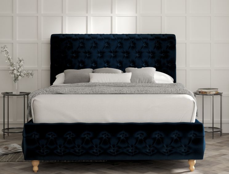Billy Upholstered Bed Frame - Compact Double Bed Frame Only - Velvet Navy