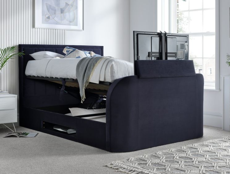 Santorini Upholstered Ottoman TV Bed Blue Velvet - Double Bed Frame Only