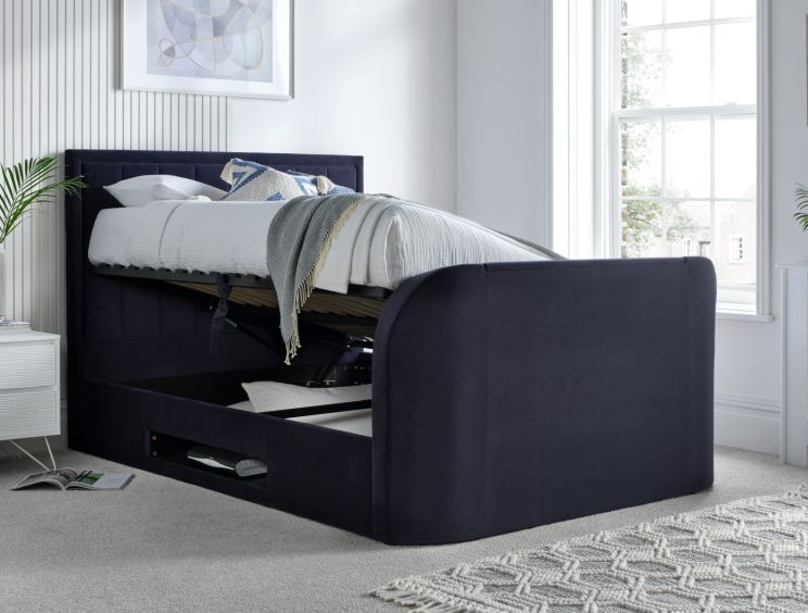 Santorini Upholstered Ottoman TV Bed Blue Velvet - Double Bed Frame Only