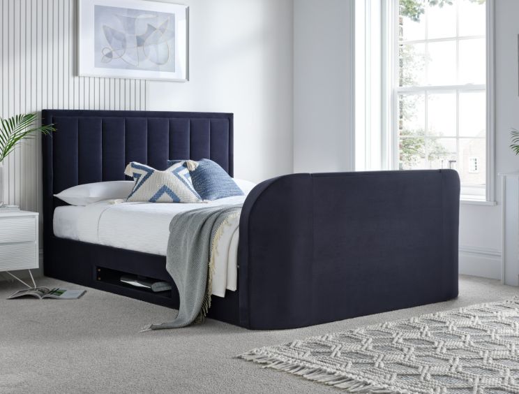 Santorini Upholstered Ottoman TV Bed Blue Velvet - Double Bed Frame Only