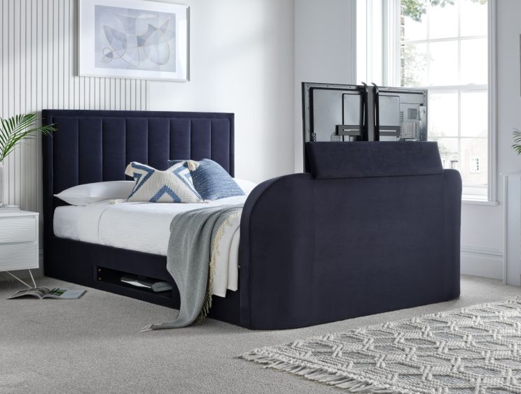 Santorini Upholstered Ottoman TV Bed Blue Velvet - Double Bed Frame Only