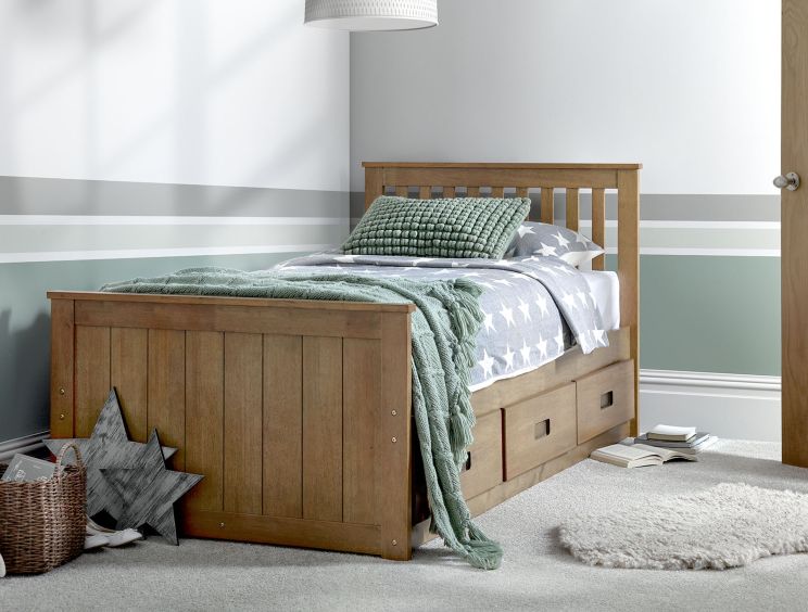 Captain Oak Finish 3 Drawer Wooden Single Storage Bed