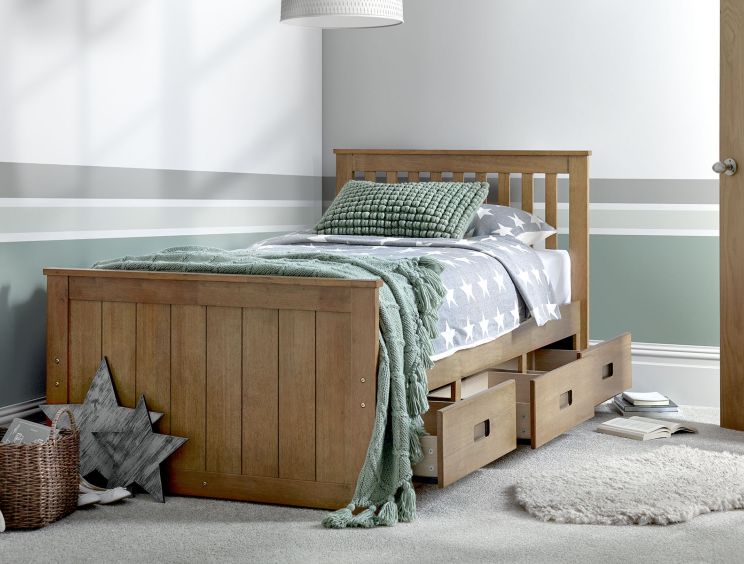 Captain Oak Finish 3 Drawer Wooden Single Storage Bed