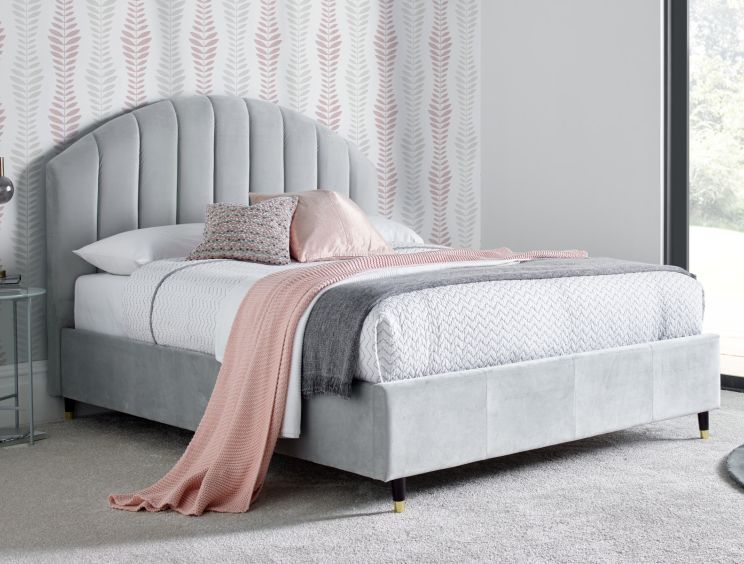 Grey velvet upholstered king best sale bed