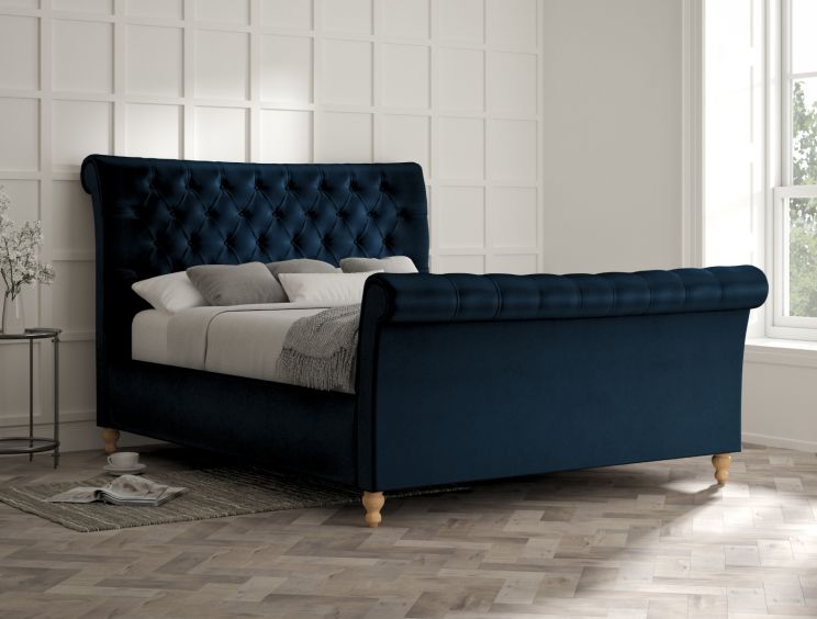 Cavendish Velvet Navy Upholstered Super King Size Sleigh Bed Only