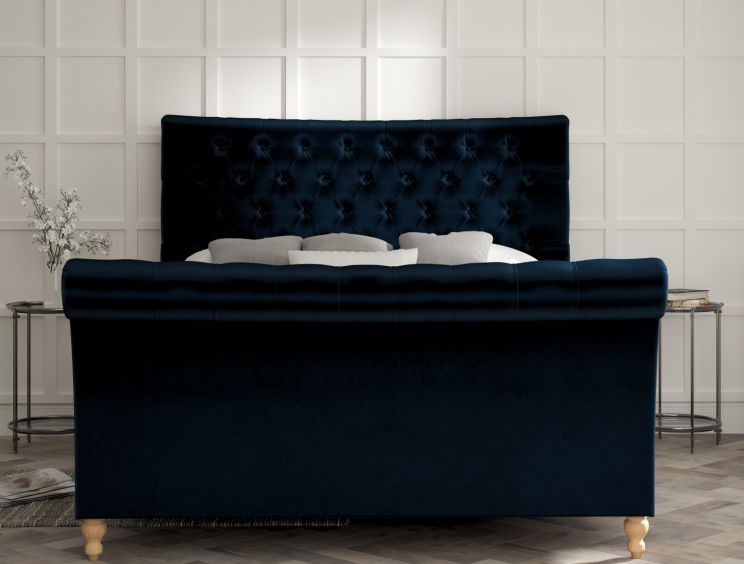 Cavendish Velvet Navy Upholstered Compact Double Sleigh Bed Only