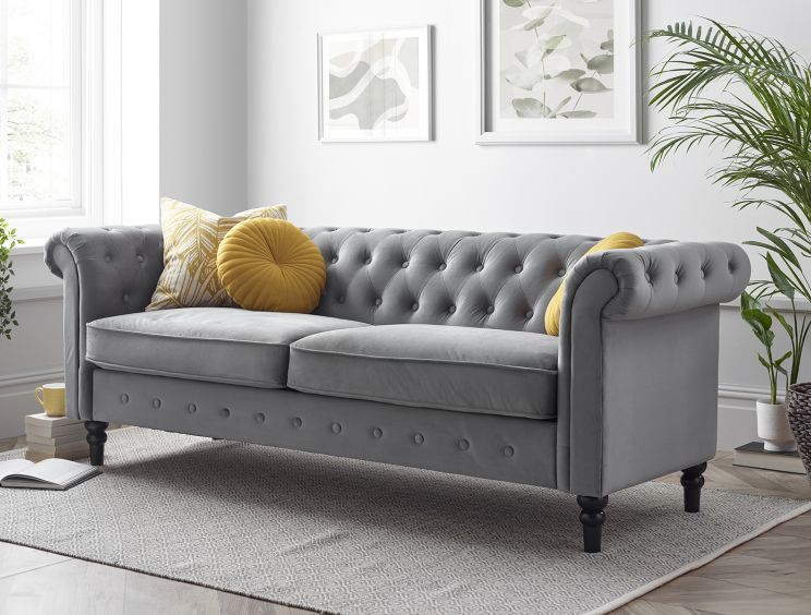 Chesterfield Grey Velvet 3 Seater Sofa