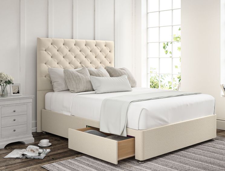 Chesterfield Teddy Cream Upholstered Double Headboard and 2 Drawer Base