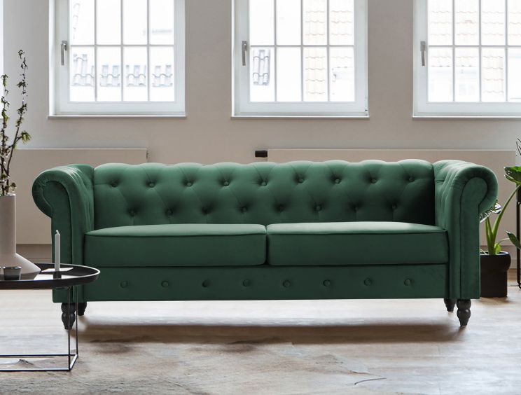 Chesterfield Green Velvet 3 Seater Sofa