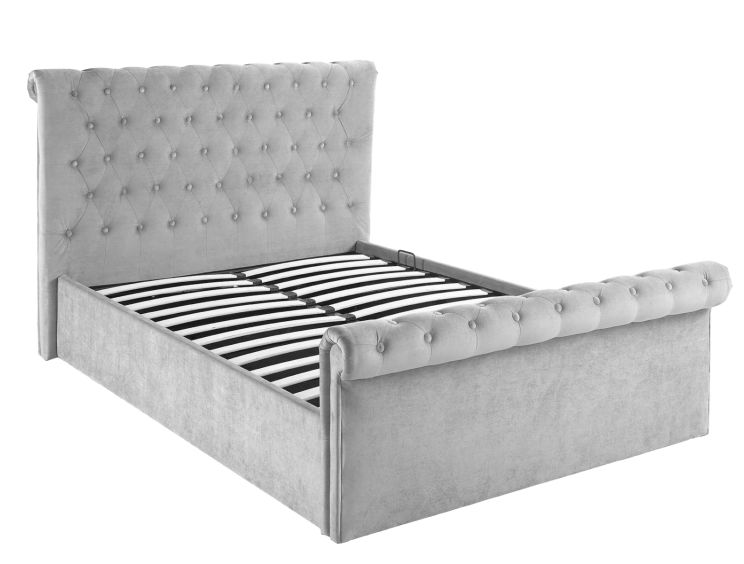 Chesterfield Grey Velvet Upholstered Ottoman Compact Double Bed Frame Only