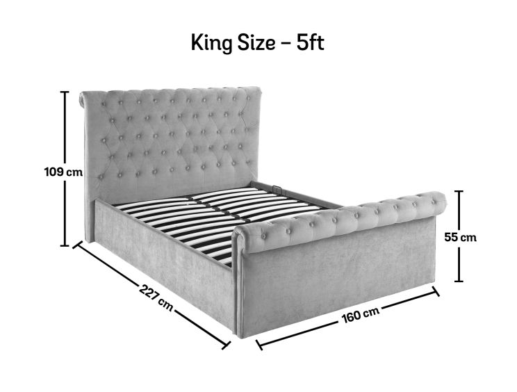 Chesterfield Grey Velvet Upholstered Ottoman King Size Bed Frame Only