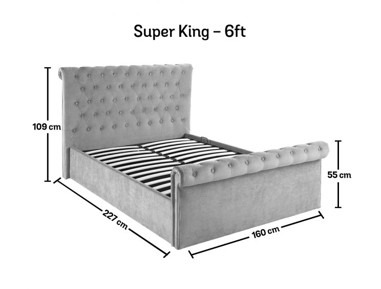 Chesterfield Grey Velvet Upholstered Ottoman Super King Size Bed Frame Only