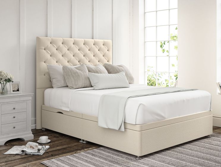 Chesterfield Teddy Cream Upholstered King Size Headboard and Side Lift Ottoman Base