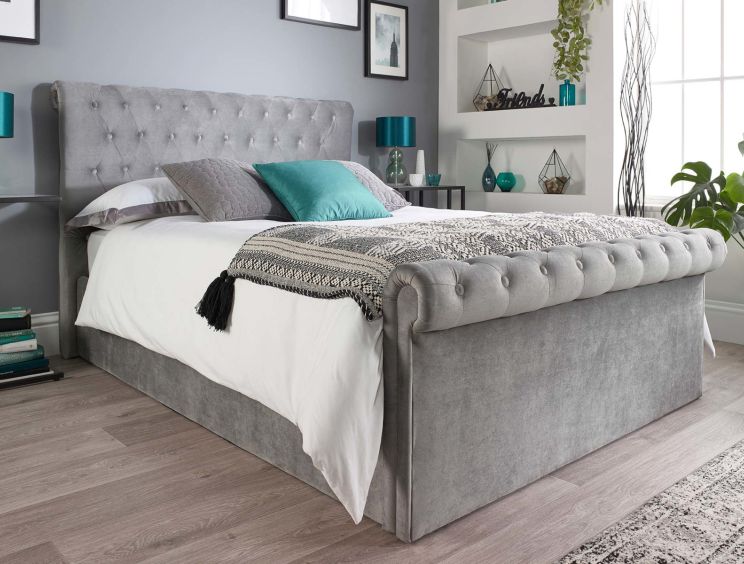 Chesterfield Grey Velvet Upholstered Ottoman Compact Double Bed Frame Only