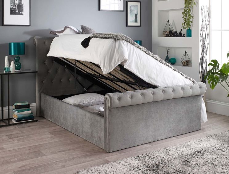 Grey velvet double top bed with storage