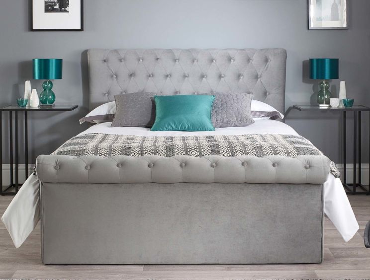 Chesterfield Grey Velvet Upholstered Ottoman Compact Double Bed Frame Only