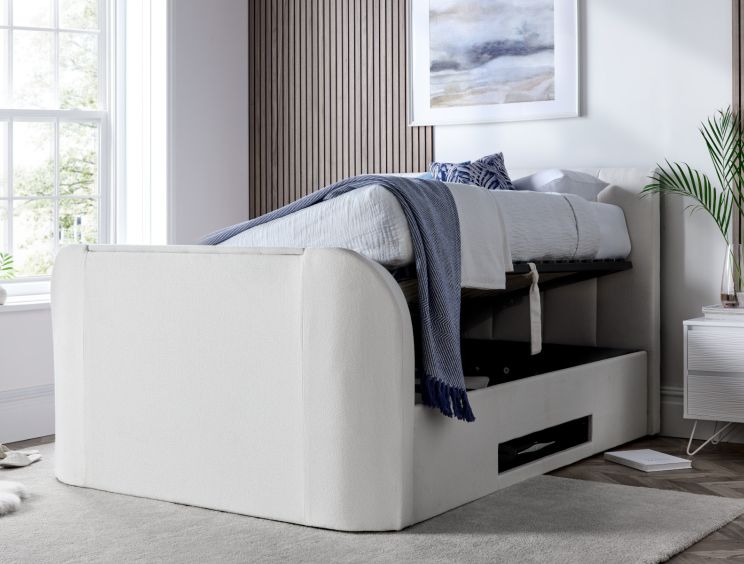 Copenhagen Upholstered Ottoman TV Bed Off White - King Size Bed Frame Only