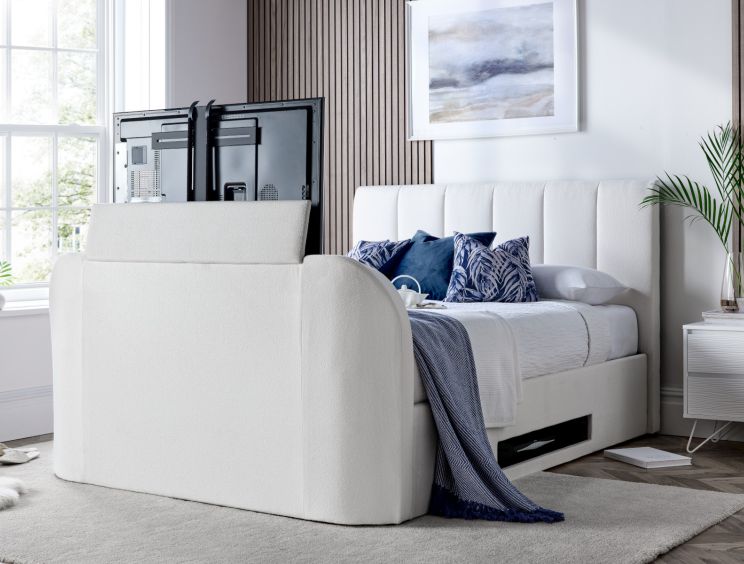 Copenhagen Upholstered Ottoman TV Bed Off White - King Size Bed Frame Only