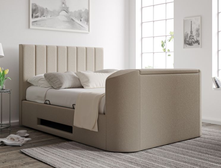 Berkley Upholstered Arran Natural Ottoman TV Bed - King Size Bed Frame Only