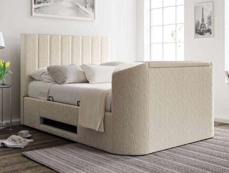 Berkley Upholstered Boucle Ivory Ottoman TV Bed - King Size Bed Frame Only