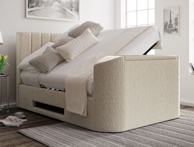 Berkley Upholstered Boucle Ivory Ottoman TV Bed - King Size Bed Frame Only