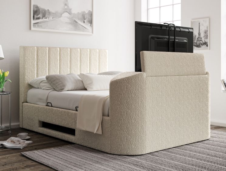 Berkley Upholstered Boucle Ivory Ottoman TV Bed - King Size Bed Frame Only