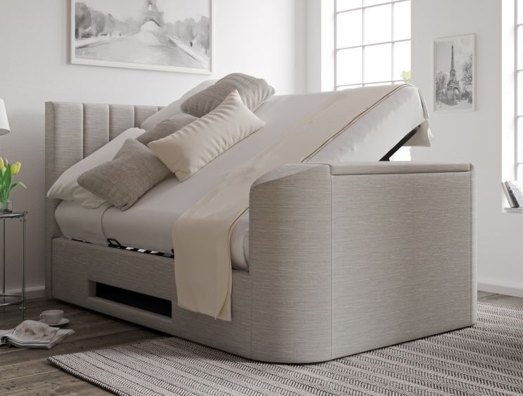 Berkley Upholstered Linea Fog Ottoman TV Bed - King Size Bed Frame Only