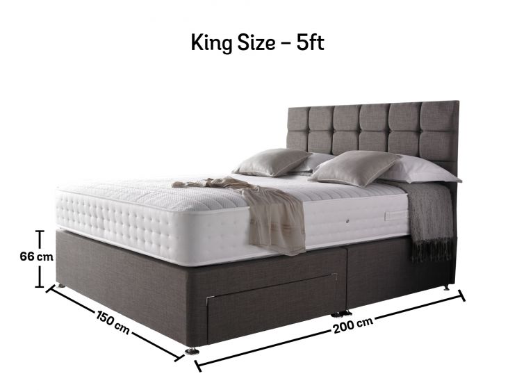 Crystal 3000 Upholstered Divan Bed Base and Mattress - King Size Base and Mattress Only - Linoso Slate - Non Storage