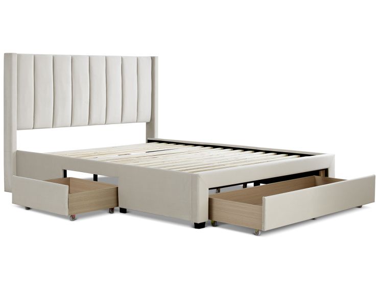 Beige upholstered bed with clearance storage
