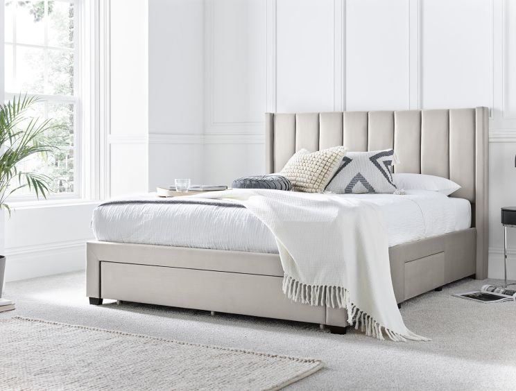 Elegance Natural Beige Upholstered Drawer Bed Frame Only