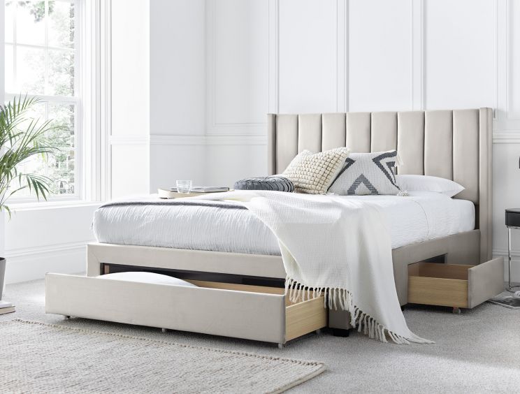 Elegance Natural Beige Upholstered King Size Drawer Bed Frame Only