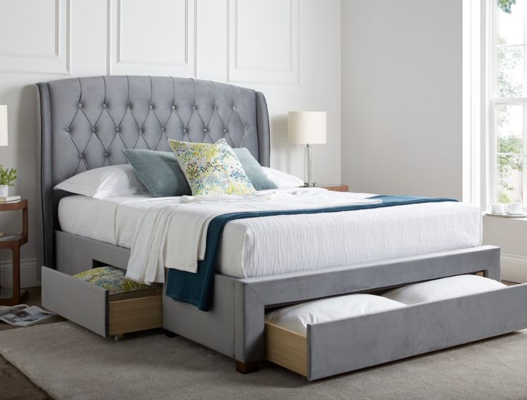 Elise Grey Winged Upholstered Drawer, Grey Winged Headboard Bed