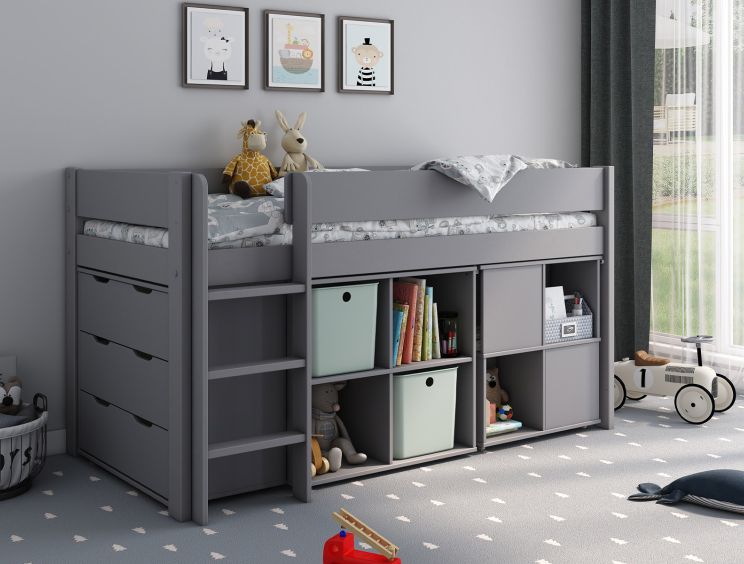 Estella Grey Mid Sleeper Bed Frame With Cube, Desk & Chest