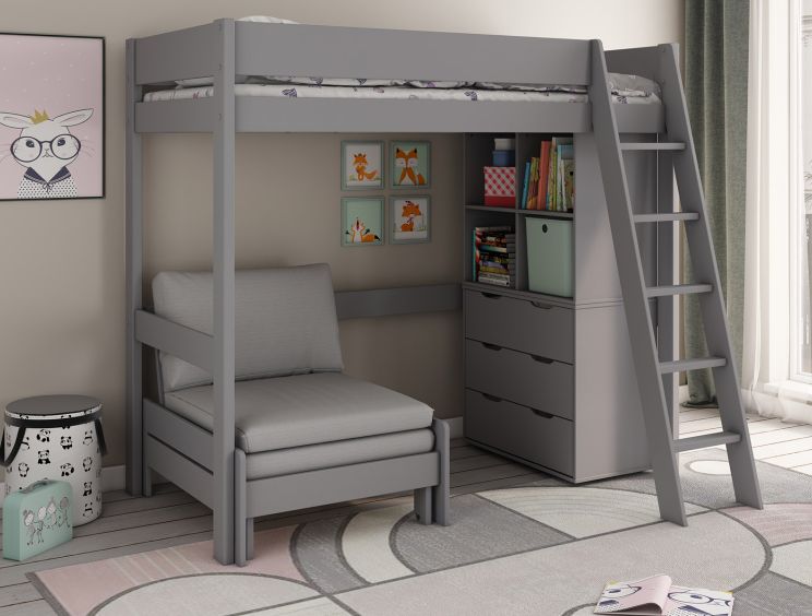 Estella Grey High Sleeper Bed Frame With Chest, Cube & Corner Desk
