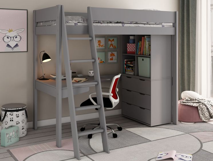 Estella Grey High Sleeper Bed Frame With Chest, Cube & Corner Desk