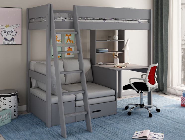 Estella Grey High Sleeper Bed Frame With Desk & Grey Futon