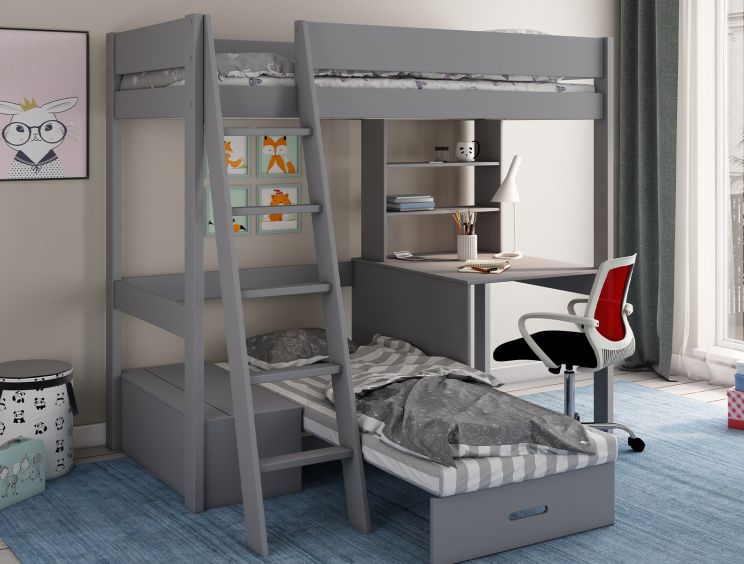 Estella Grey High Sleeper Bed Frame With Desk & Grey Futon