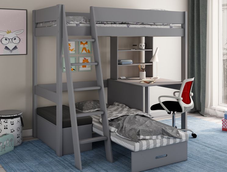 Estella Grey High Sleeper Bed Frame With Desk & Black Futon
