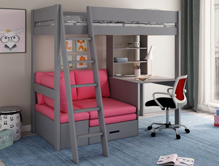 Estella Grey High Sleeper Bed Frame With Desk & Pink Futon