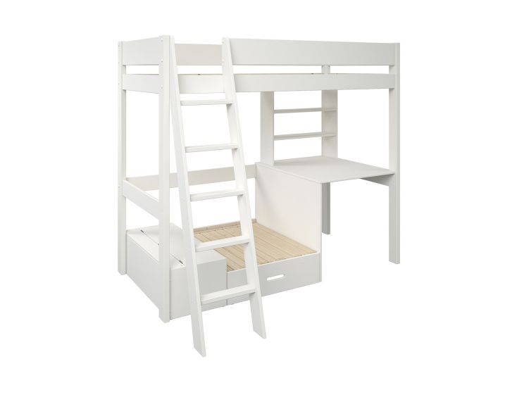 Estella White High Sleeper Bed Frame With Desk & Black Futon