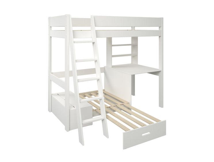 Estella White High Sleeper Bed Frame With Desk & Grey Futon