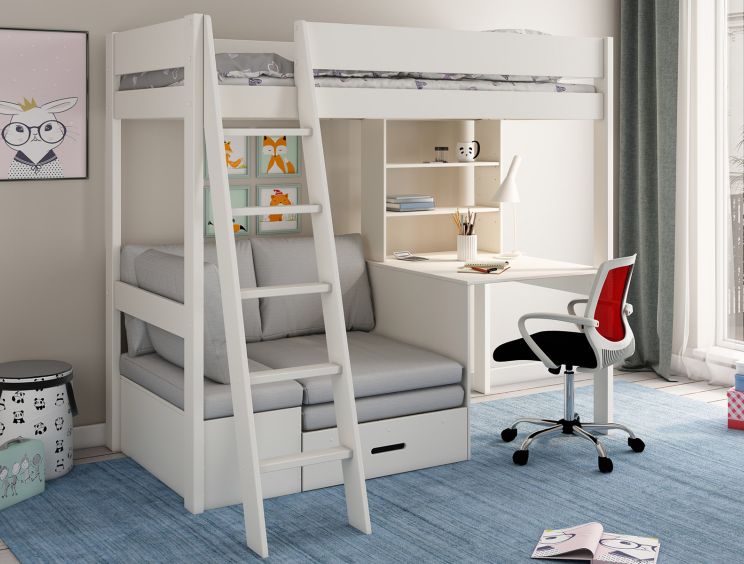 Estella White High Sleeper Bed Frame With Desk & Grey Futon