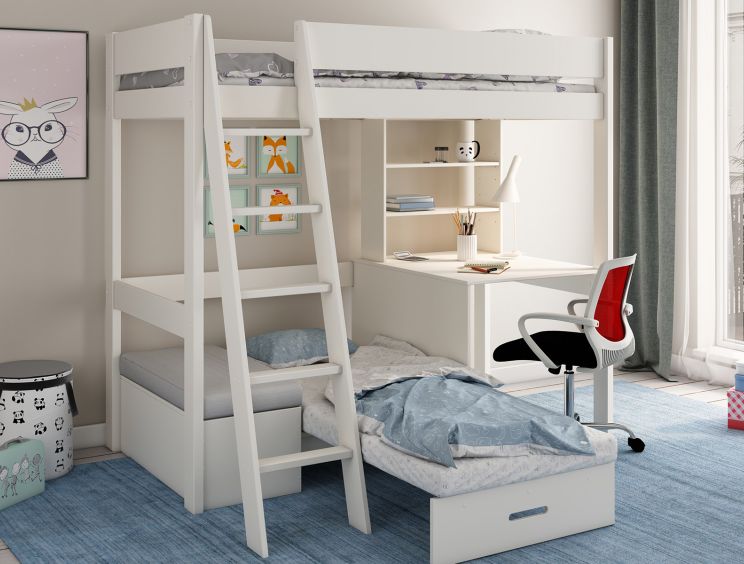 Estella White High Sleeper Bed Frame With Desk & Grey Futon