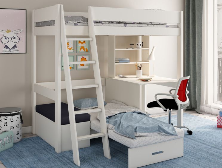 Estella White High Sleeper Bed Frame With Desk & Black Futon
