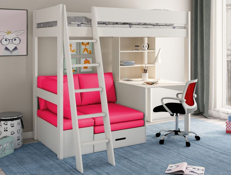 Estella White High Sleeper Bed Frame With Desk & Pink Futon