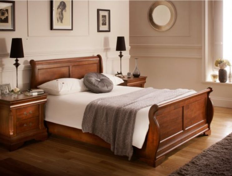 Toulon Wooden Sleigh Bed - Mahogany Finish - Double Bed Frame Only